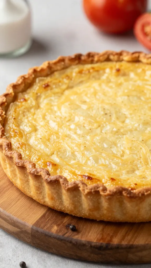 Golden gluten-free tomato tart on rustic wooden board