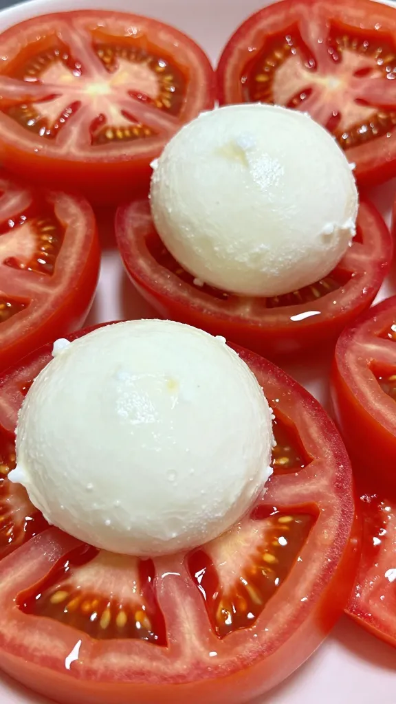 Close-up of sliced heirloom tomatoes atop tart, mozzarella glow