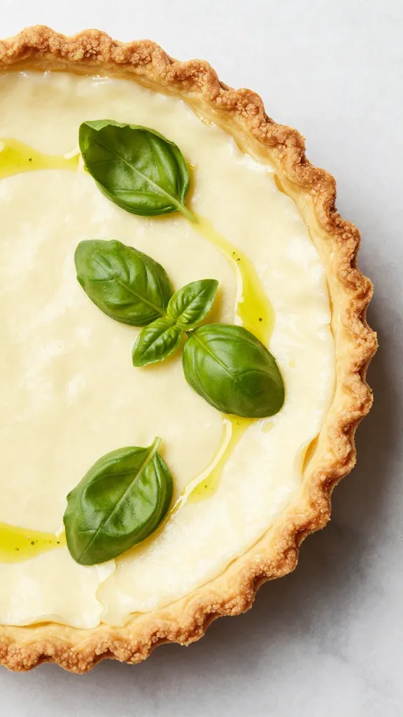 Crispy tart crust edge with basil sprigs, olive oil drizzle