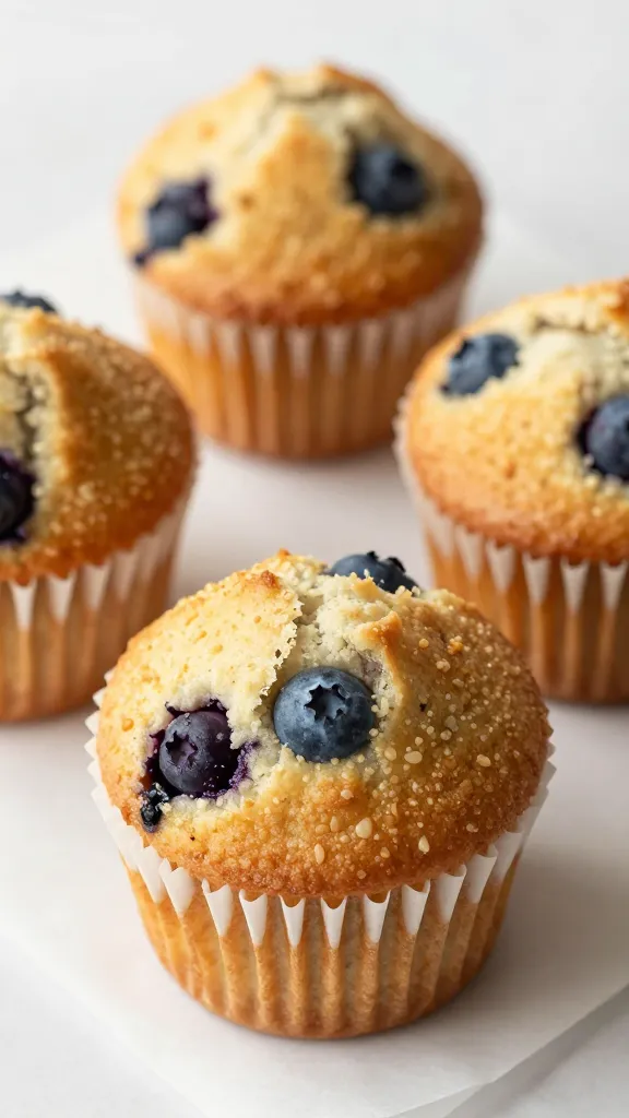Tall domed muffins with visible blueberries on parchment