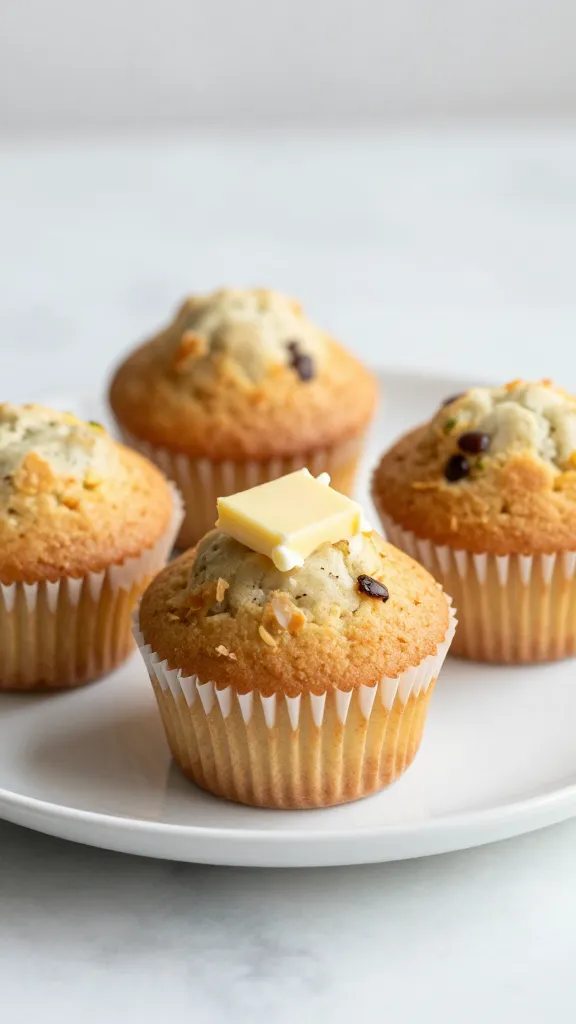 White plate of muffins with soft morning light and butter