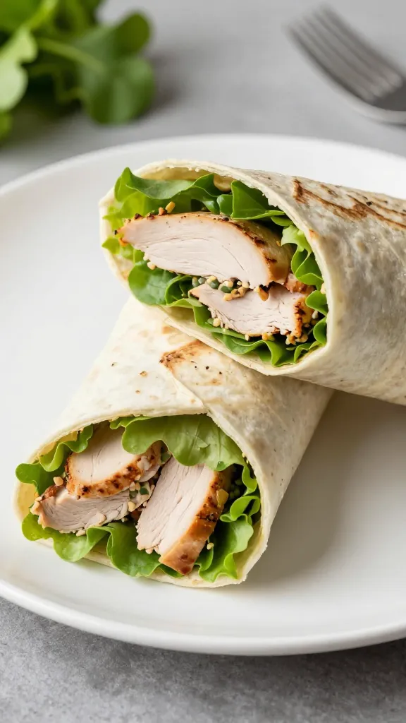 Gluten-free turkey wrap on white plate, fresh greens