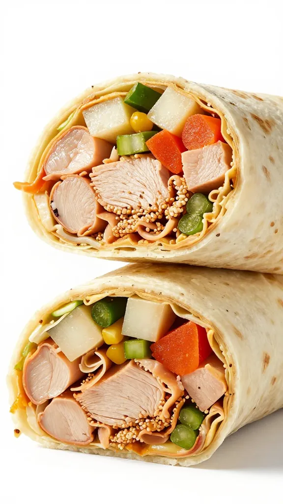 Close-up: turkey wrap cross-section, vibrant fillings