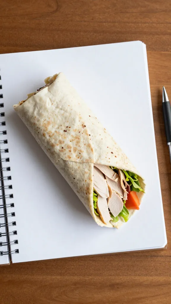 Desk lunch scene: wrapped turkey wrap, notebook, pen