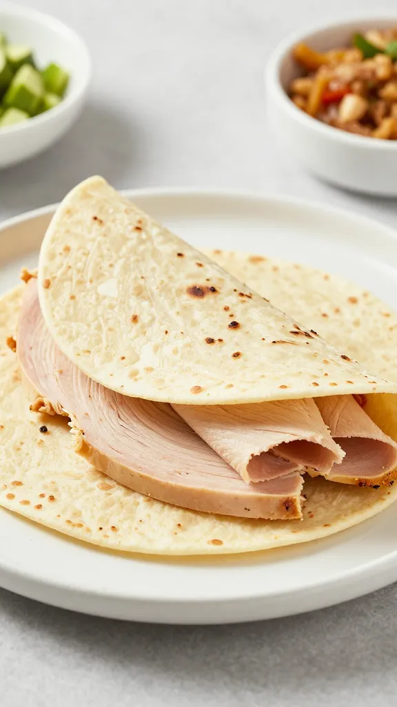 Clean kitchen shot: gluten-free tortillas, turkey slices, toppings