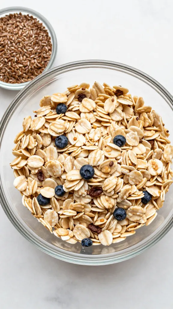 top-down breakfast oats in glass bowl, flax seeds nearby