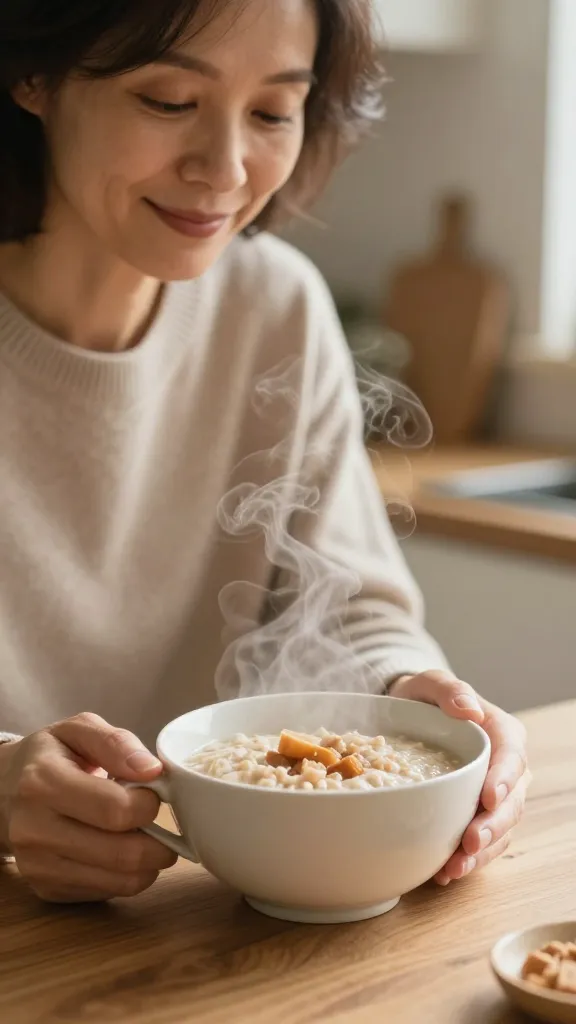 cozy kitchen scene: woman over 40 with steaming oats