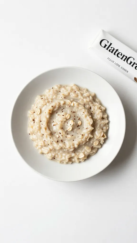 minimalist plate: oatmeal, flax seeds, gluten-free label nearby