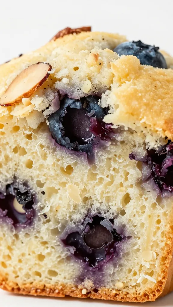 Close-up: blueberry muffin cross-section with visible almond flour texture