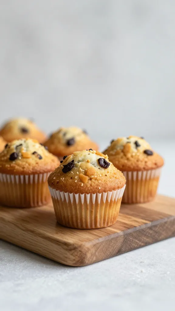 Muffins on rustic wooden board, soft natural light, minimal background