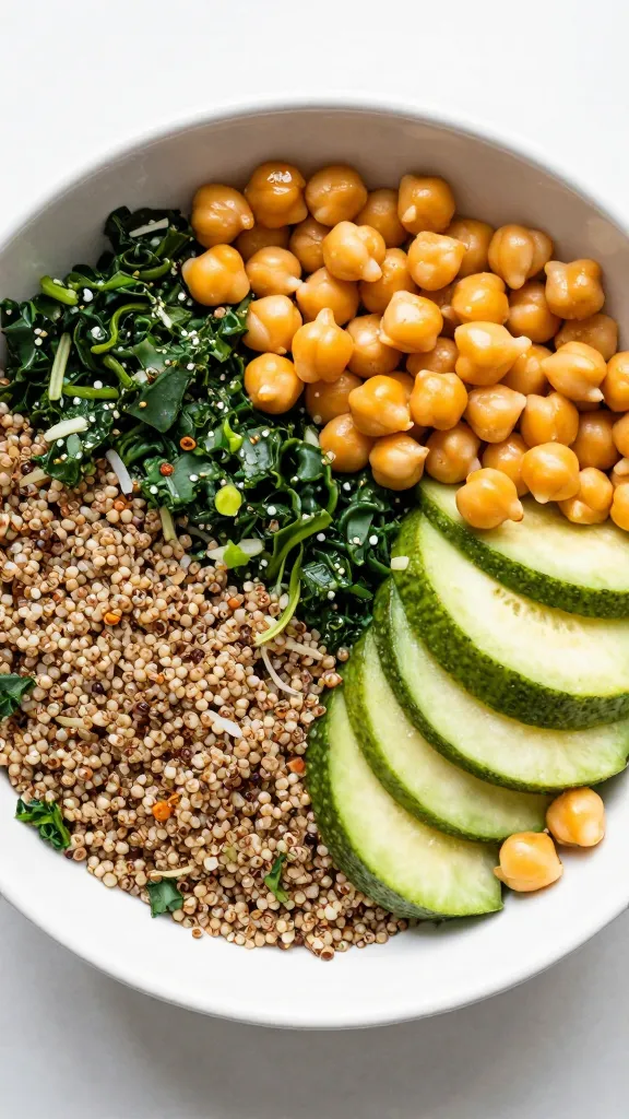 quinoa kale power bowl with chickpeas, bright toppings