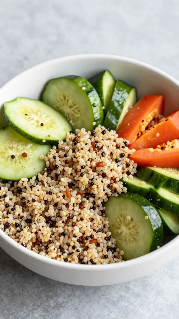Mediterranean GF salad bowl, quinoa base, colorful veg