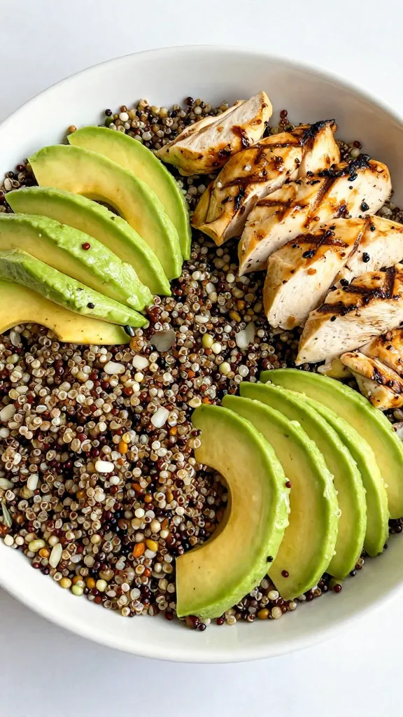 vibrant quinoa salad with avocado and grilled chicken pieces