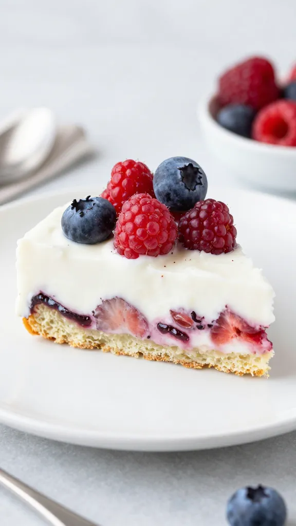 low glycemic dessert slice with berries and yogurt