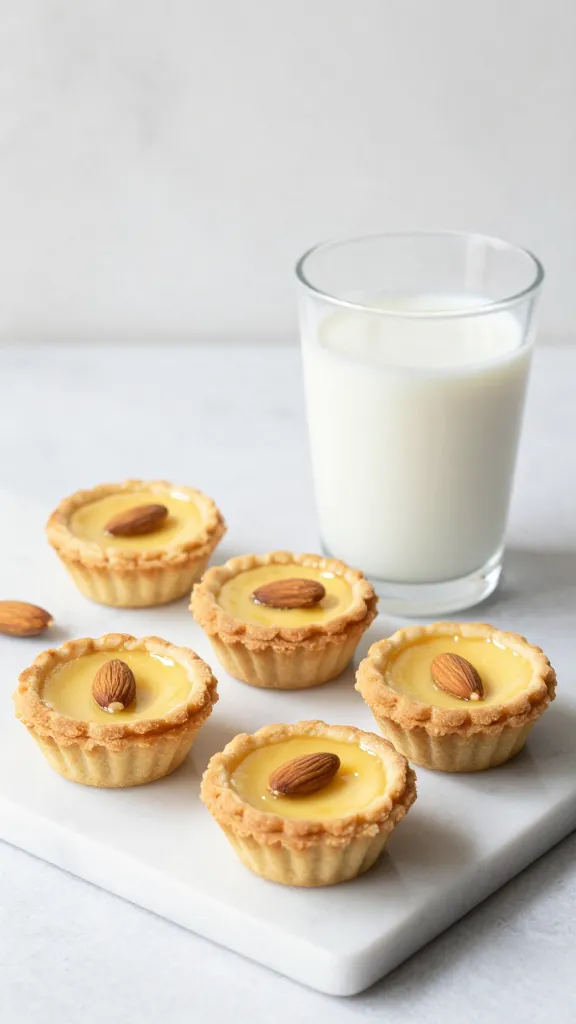 glass of almond milk beside gluten-free mini tarts on marble