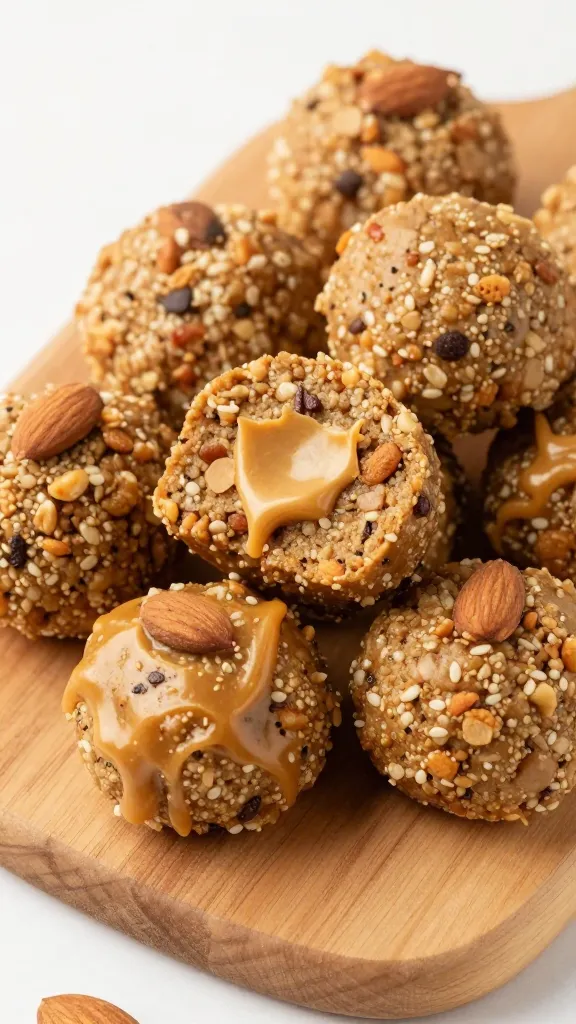 almond butter energy bites atop wooden board