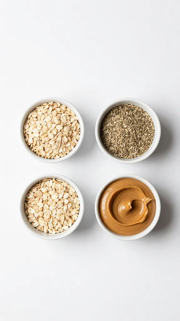 minimalist shot of snack ingredients: oats, seeds, nut butter in bowls
