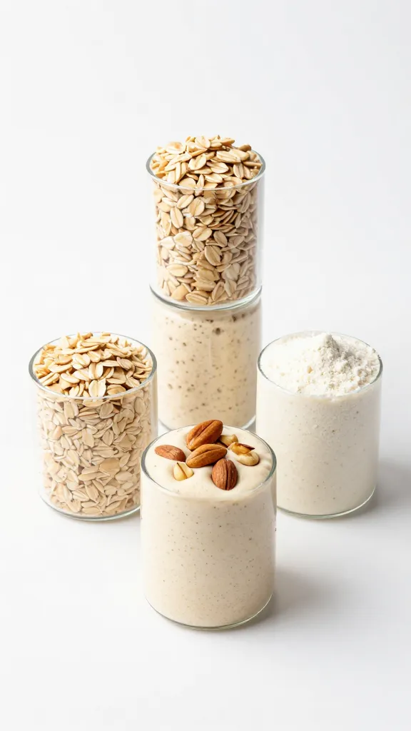 Oats, nuts, and whey scoop arranged studio-style