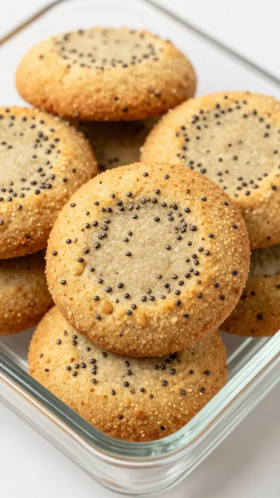 Fresh baked cookies with chia seeds, in glass dish