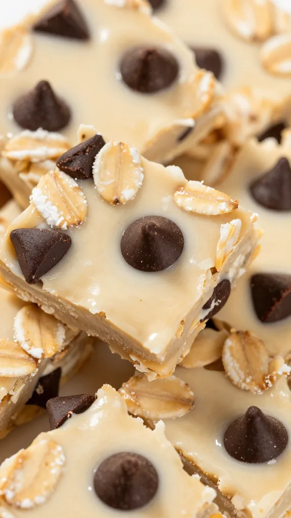 close-up: chewy edges, oats and chocolate chips in focus
