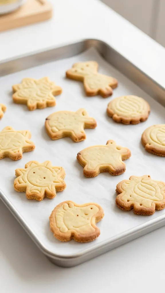 parchment-lined baking sheet with cookies cooling, bright kitchen