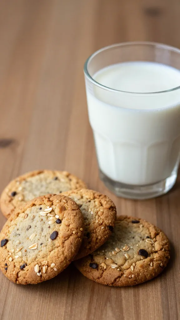 glass of milk beside gluten-free oat cookies, cozy tabletop shot