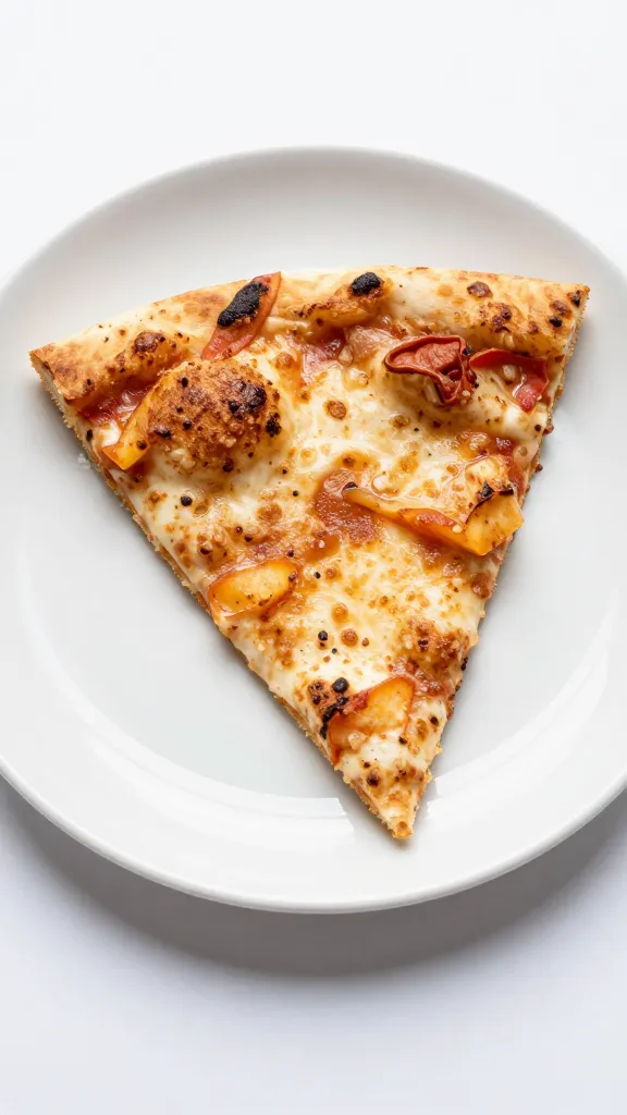 Crispy gluten-free pizza slice on white plate, minimal garnish