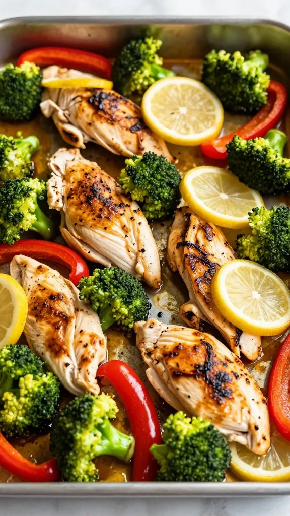 Sheet-pan lemon chicken with broccoli and peppers on tray