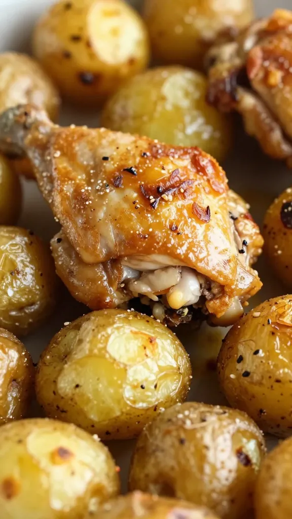 Close-up of roasted new potatoes and chicken thighs, golden