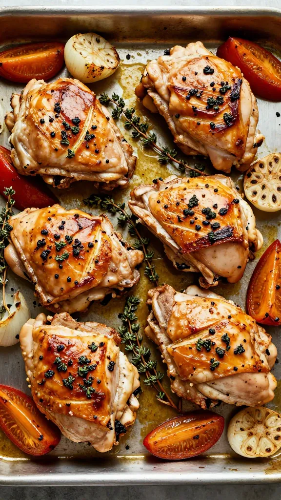Garlic-thyme roasted vegetables around chicken thighs on sheet pan