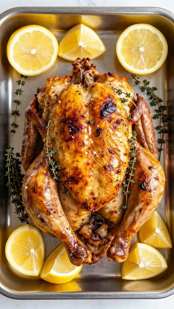 Fresh lemon wedges and thyme sprigs with roasted chicken tray