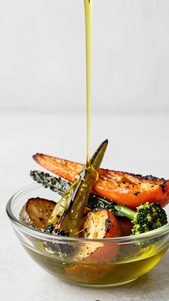 Single-glass olive oil drizzle over vibrant roasted veggies
