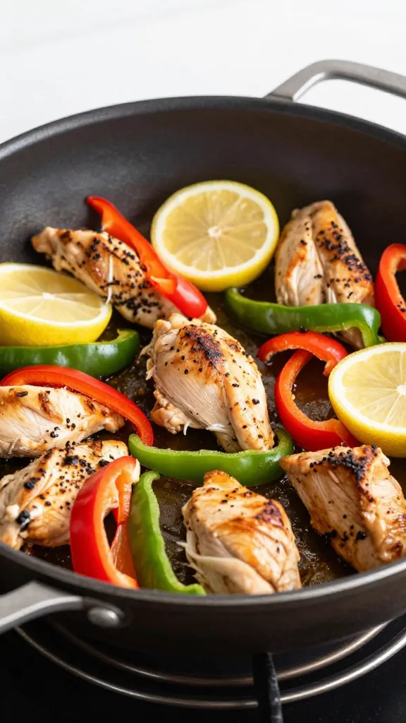 One-pan skillet with lemon chicken and colorful peppers