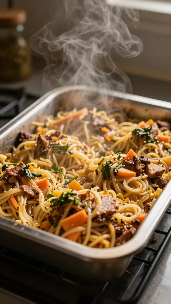 Steamingsheet plate of gluten-free sheet-pan dinner, cozy lighting