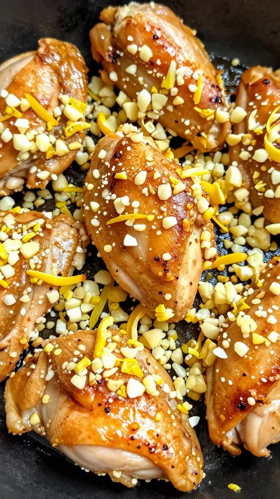 Minced garlic and lemon zest near sizzling chicken edges