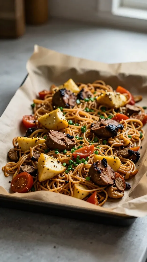 Rustic kitchen scene: sheet-pan dinner, parchment, soft glow