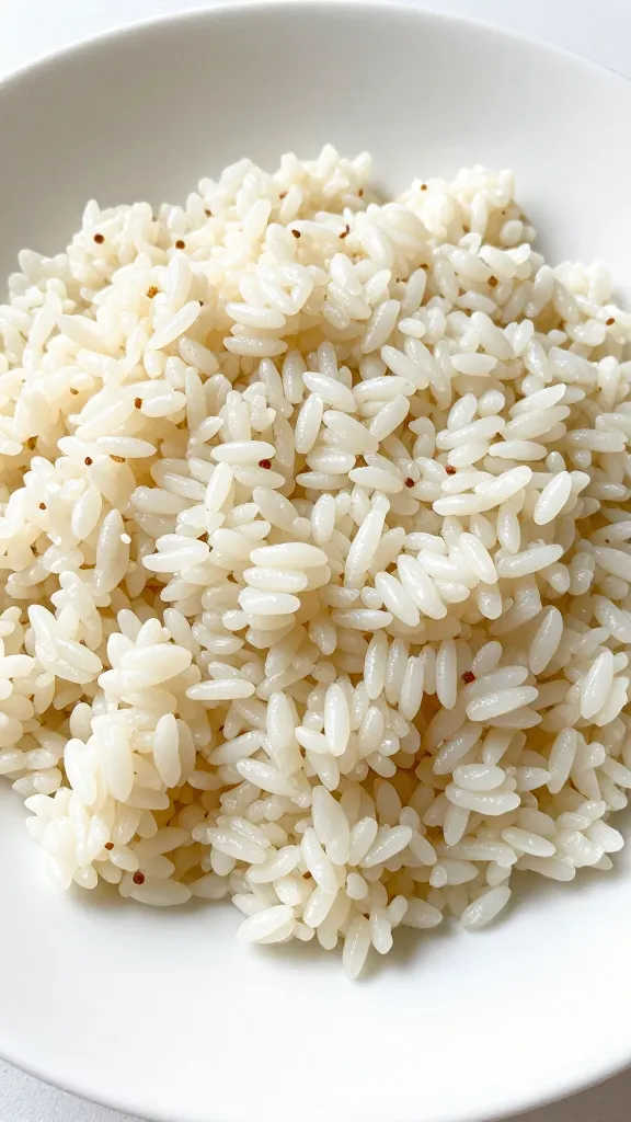 Soft gluten-free rice dish on white plate, gentle lighting