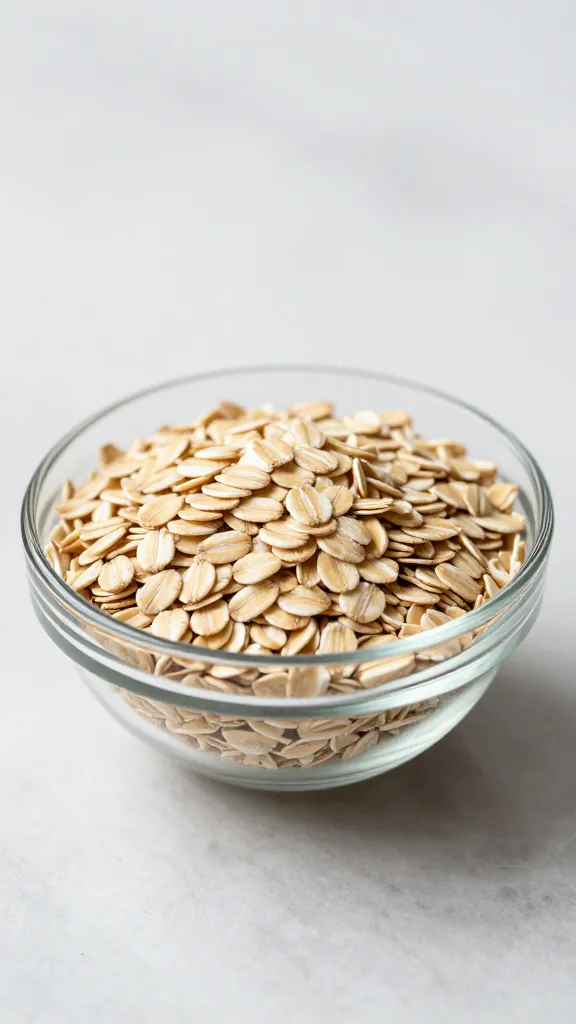 Gluten-free oats in a glass bowl, soft morning light