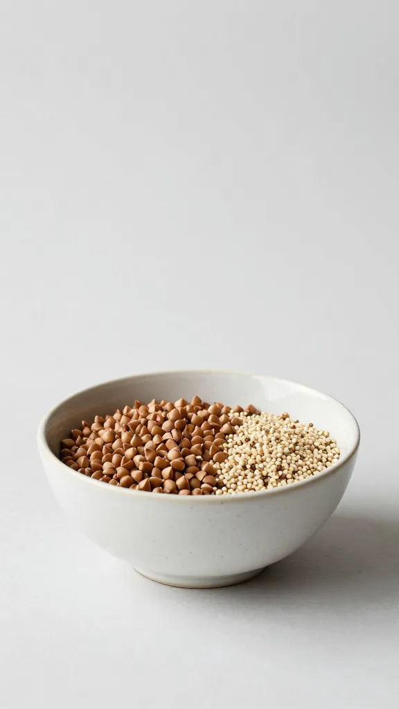 Buckwheat and quinoa bowls, minimal studio backdrop