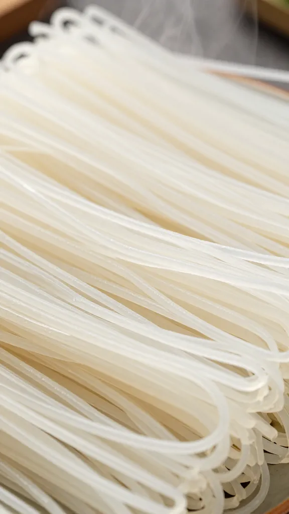 White rice noodles close-up, delicate steam and clean surface