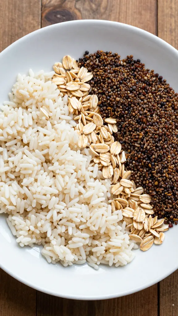 Simple gluten-free meal plating with rice, oats, and quinoa backdrop