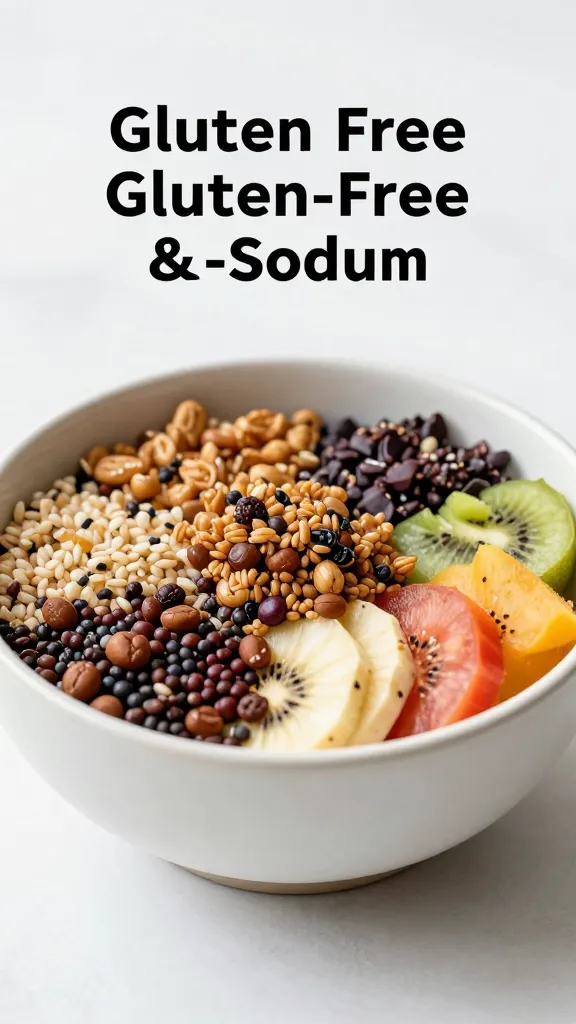 Colorful grain bowl labeled gluten-free and low-sodium