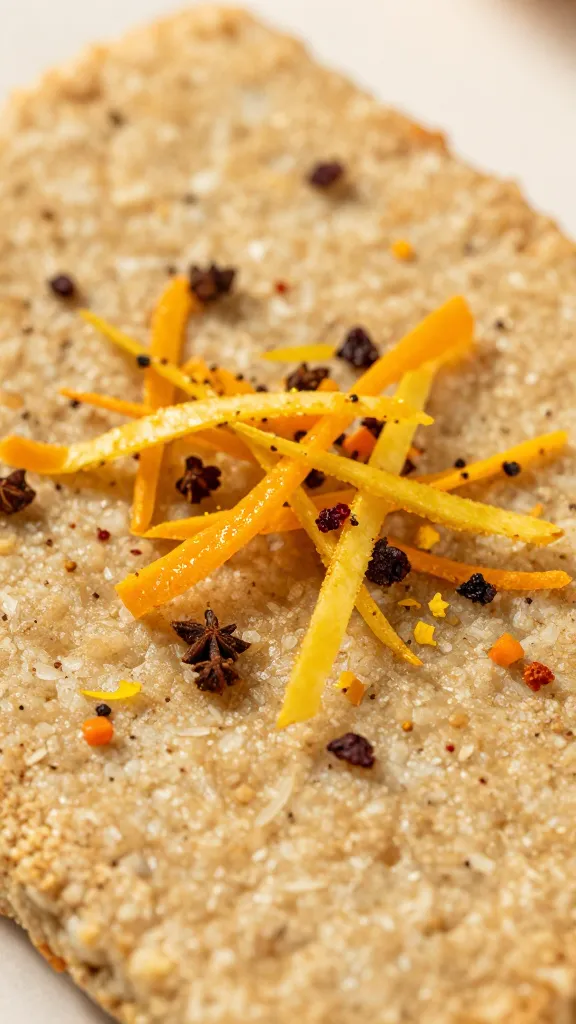Close-up of spices and citrus zest over gluten-free dish