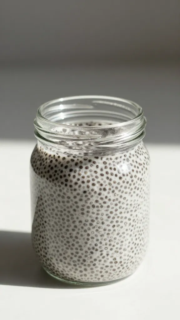 Glass jar of chia pudding, soft morning light