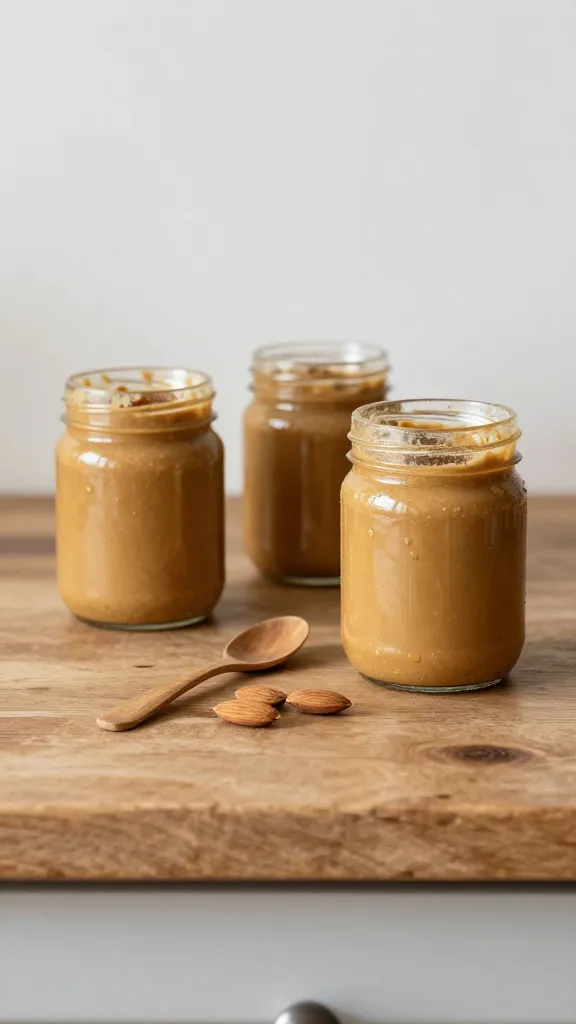 Rustic kitchen counter with almond butter jars and spoons