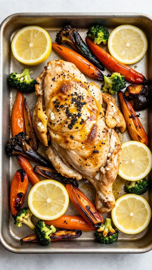Garlic lemon chicken with roasted veggies on a sheet pan