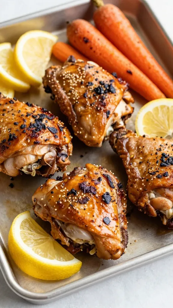 Bronze chicken thighs, lemon wedges, roasted carrots on tray