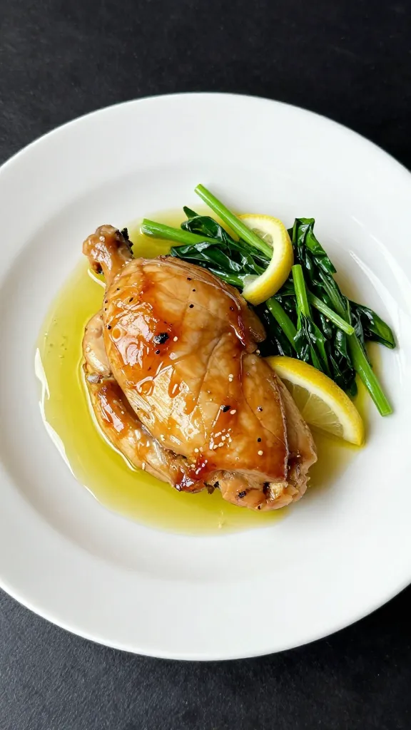 Olive oil-glossed chicken with lemon and greens plated simply
