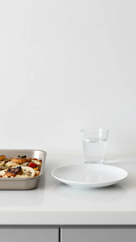 Minimalist kitchen scene: sheet-pan dinner, clean white plate, glass of water