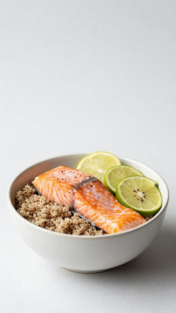 Gluten-free quinoa bowl with salmon, minimal backdrop